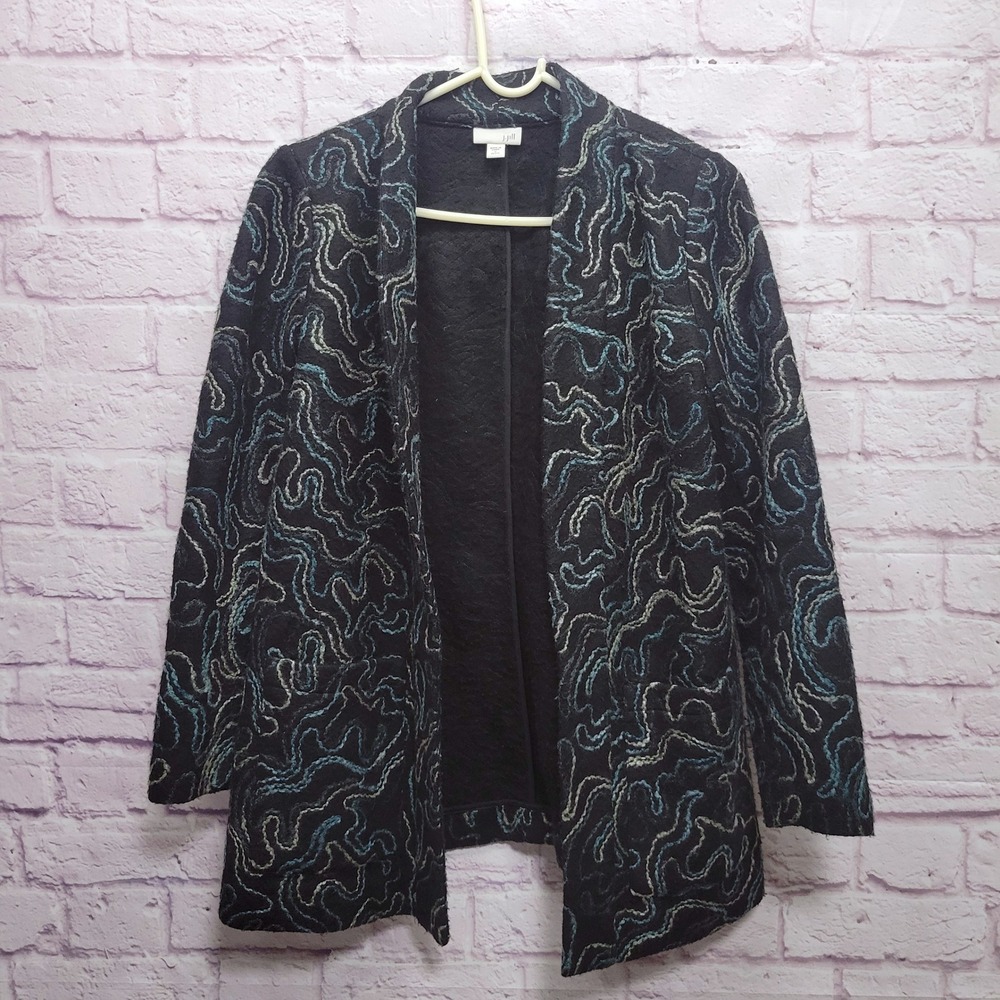 J Jill Black Yarn Squiggle Jacket Size SP 10% Wool Artsy Dressy Business Casual